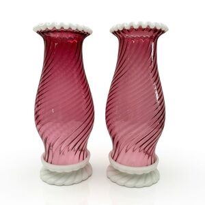 Fenton Cranberry Swirl Snowcrest Hurricane Lamps #170 Fenton Glass Co.